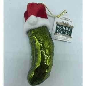 Pickle with Santa Hat Shiny Glass Christmas Ornament 4.25" Noble Gems Kurt Adler